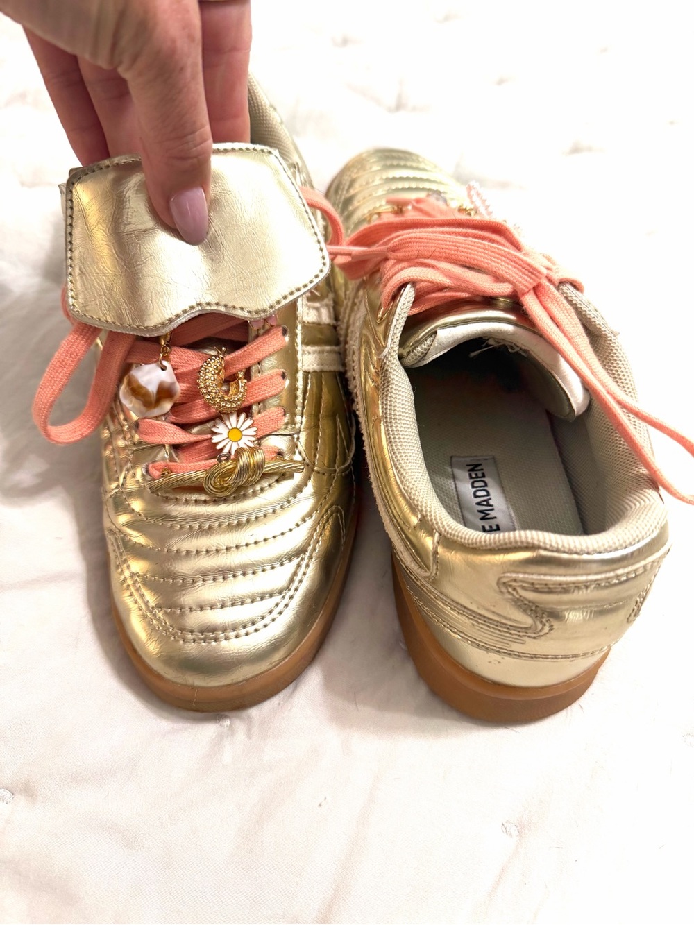 Steve Madden Women’s Metallic Gold Sneakers with Coral Laces and 🌼Charms